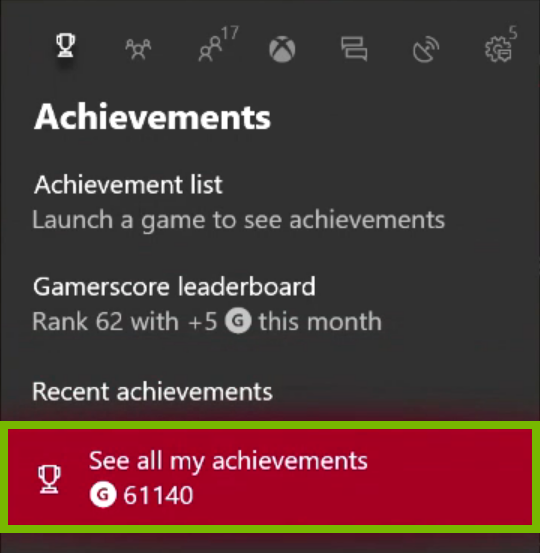 See all my achievements option highlighted in Xbox One menu.