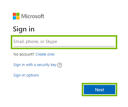 Account entry field and Next button highlighted on Sign in screen on Microsoft web page.
