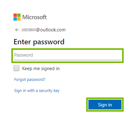 Password field highlighted on Sign in screen on Microsoft website.