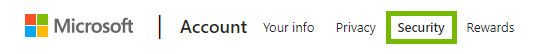 Security tab highlighted in Microsoft account dashboard.