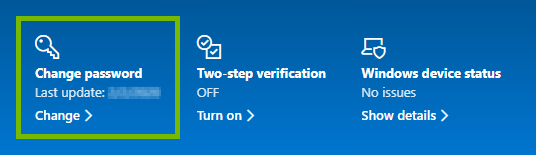 Change your password option highlighted in Microsoft account security settings.