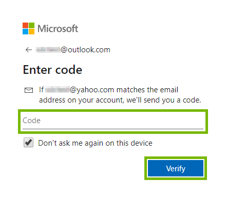 Entry field for security code received in email highlighted for account verification on Microsoft web page.
