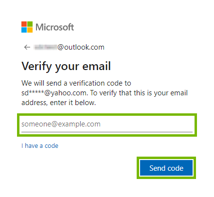 Alternate email entry field and Send code button highlighted for account verification on Microsoft web page.