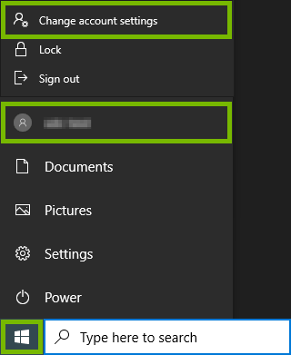 Start button, username in start menu and Change account settings option highlighted in Windows 10 Start Menu.