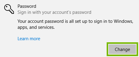 Change button highlighted for Password option in Windows 10 Sign-in options.