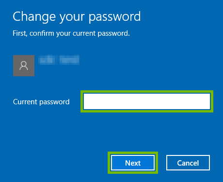 Current password field highlighted for Microsoft password confirmation in Windows 10.