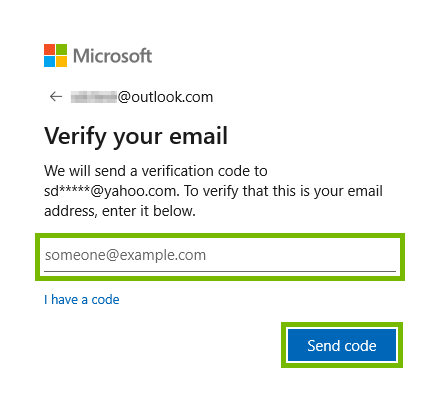 Alternate email entry field and Send code button highlighted for account verification in Windows 10.