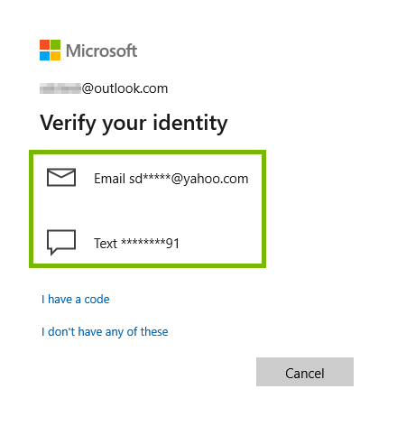 Email address and phone number highlighted on identity verification screen for Microsoft account in Windows 10.