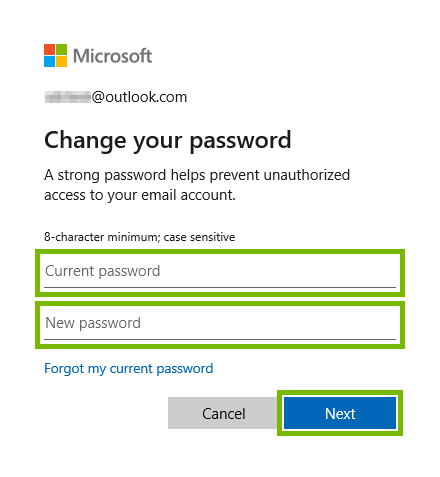 Current and New password entry fields, and Next button highlighted for changing password in Windows 10.