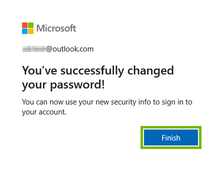 Finish button highlighted on the Microsoft account password change confirmation screen in Windows 10.