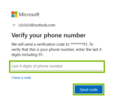 Entry field for last 4 digits of phone number and Send code button highlighted for account verification in Windows 10.
