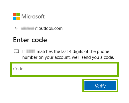 Entry field for security code received in text message highlighted for account verification in Windows 10.