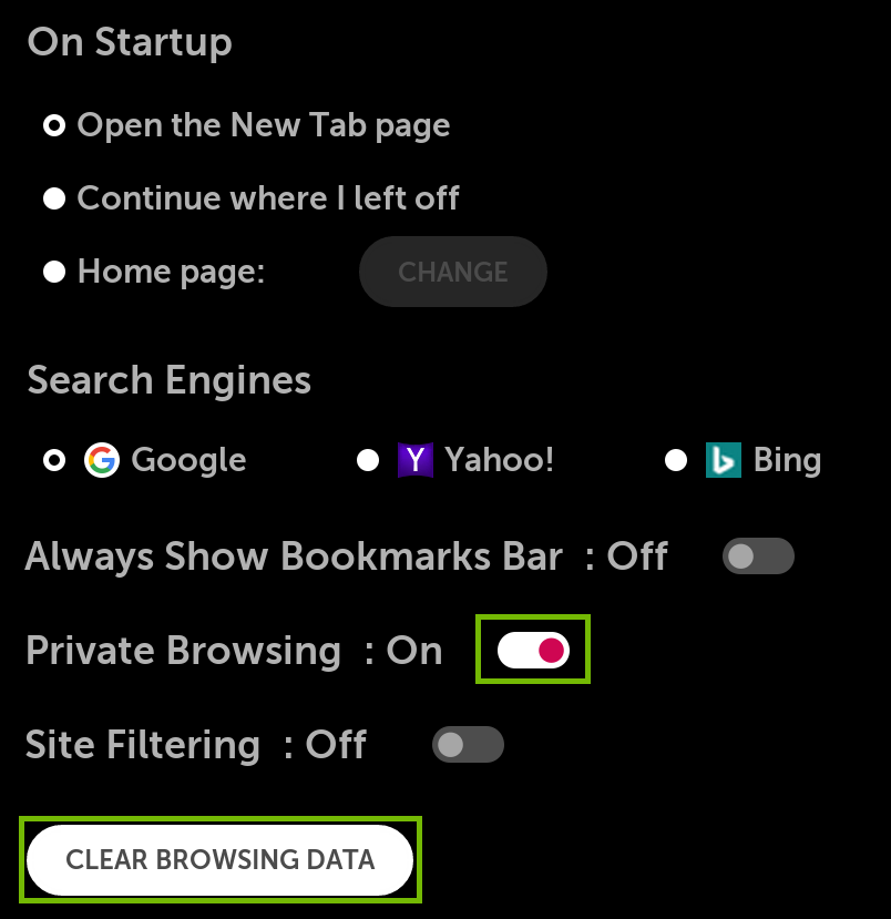 Settings with Private Browsing on, and Clear Browsing Data highlighted.