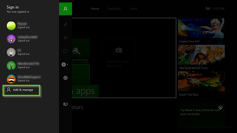 Xbox menu showing add and manage selected.