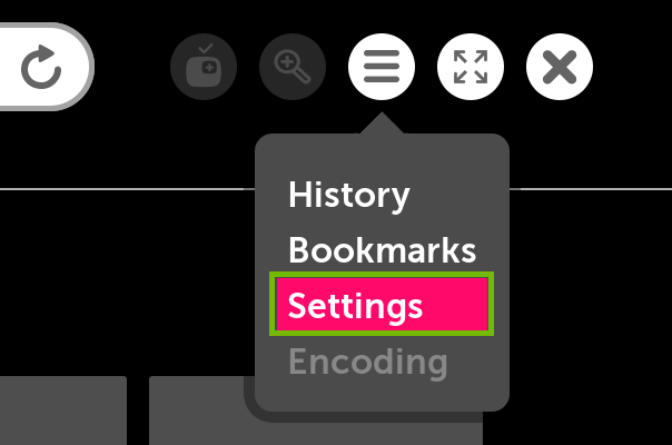 Menu with Settings highlighted.