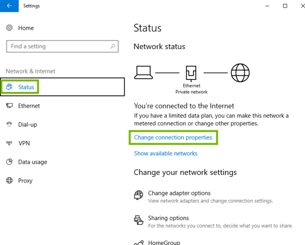 Network and Internet Settings, Status Options, Change connection properties highlighted.