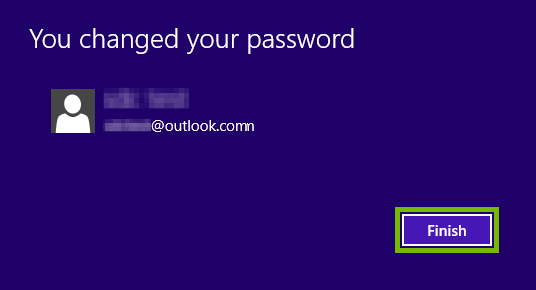 Finish button highlighted on the Microsoft account password change confirmation screen in Windows 8.