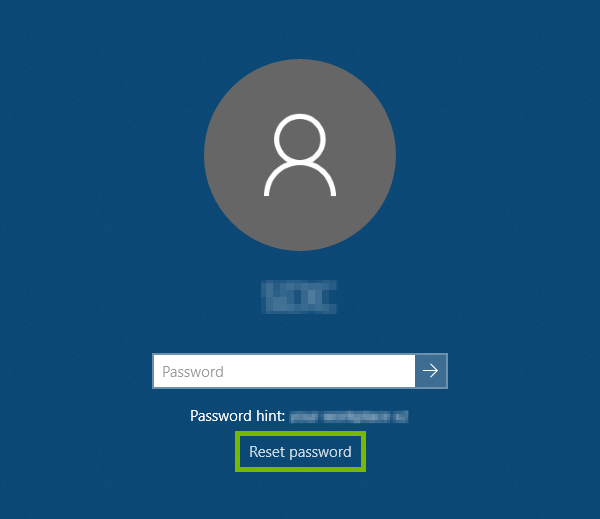 Reset password option highlighted on Sign-in screen on Windows 10.