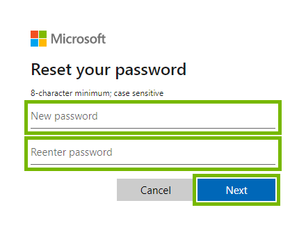 New and Reenter password fields and Next button highlighted on password reset screen on Microsoft web page.