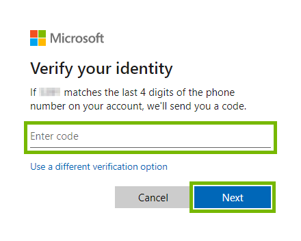 Entry field for security code received in text message and Next button highlighted for identity verification on Microsoft web page.