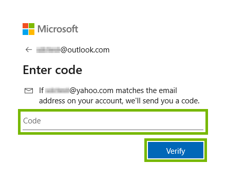 Entry field for security code received in email highlighted for account verification in Windwos 10.