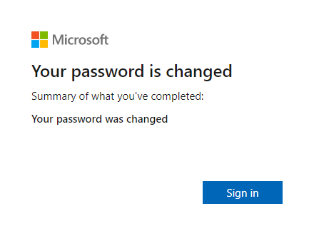 Password changed confirmation screen on Microsoft website.