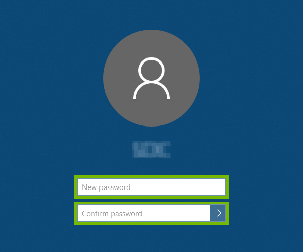 New password and Confirm password fields highlighted for password reset on Sing-in screen on Windows 10.