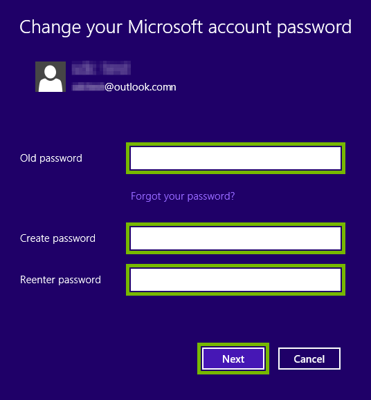 Old, Create and Renter password fields and Next button highlighted on Microsoft account password change screen in Windows 8.