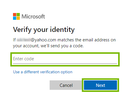 Entry field for security code received in email and Next button highlighted for identity verification on Microsoft web page.