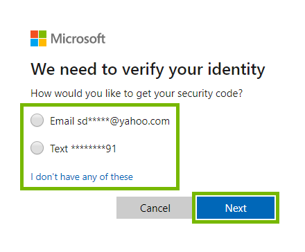 Identity verification options highlighted for account recovery on Microsoft web page.