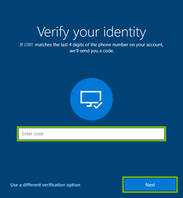 Security code entry field and Get code button highlighted for identity verification on Windows 10 Sign-in screen.