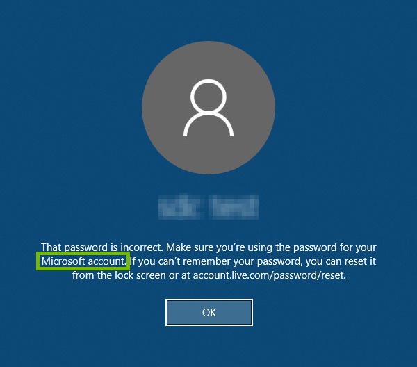 Microsoft account reference highlighted in message showing after incorrect sign-in password was typed in on Windows 10.