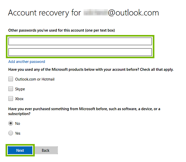 Other passwords entry fields and Next button highlighted for account recovery on Microsoft web page.