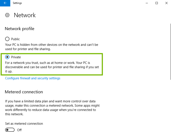 Connection properties with Private highlighted.