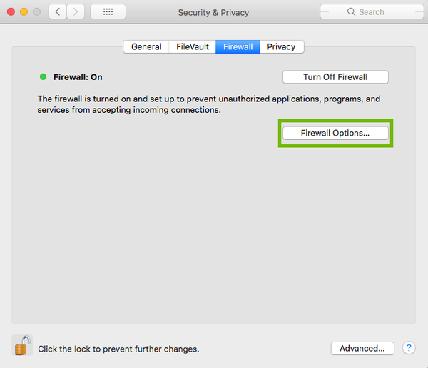 Firewall preferences with Firewall Options highlighted.