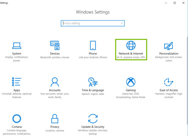 Settings with Network and Internet highlighted.