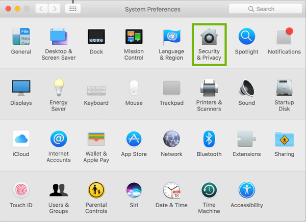 System Preferences with Security and Privacy highlighted.