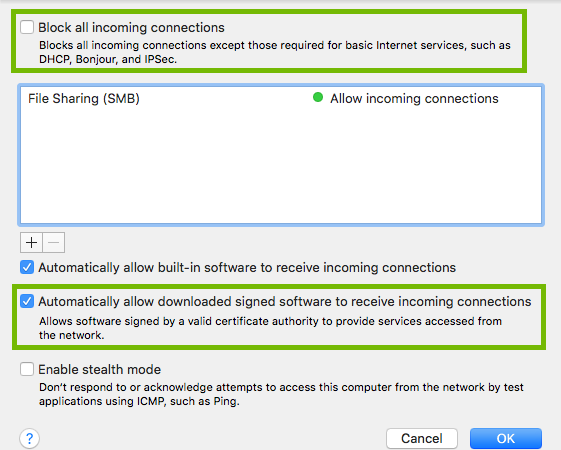 Firewall Options with indicated options highlighted.