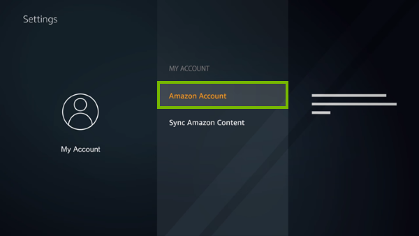 Amazon Account option highlighted on Fire TV account settings screen.