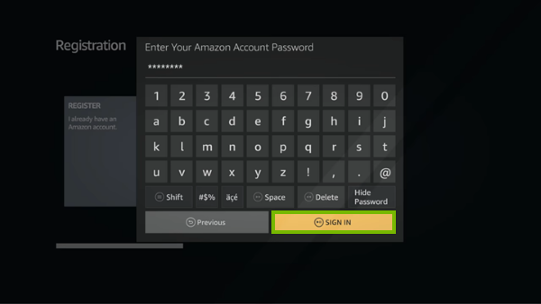 Password entry screen for Fire TV registration.