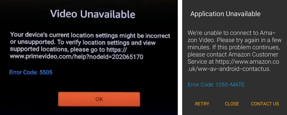 Error 5505 and 1055 on Fire TV.