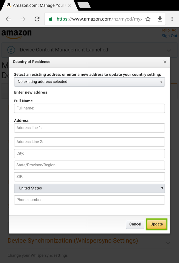 Update button highlighted on location info entry screen.