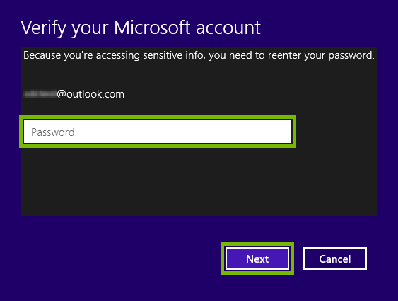 Password field and Next button highlighted on Microsoft account verification screen in Windows 8.