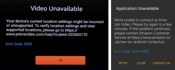 Error 5505 and 1055 on Fire TV.