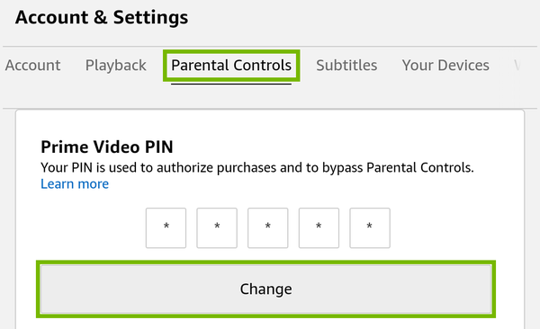 PIN Change option highlighted in Parental Control settings.