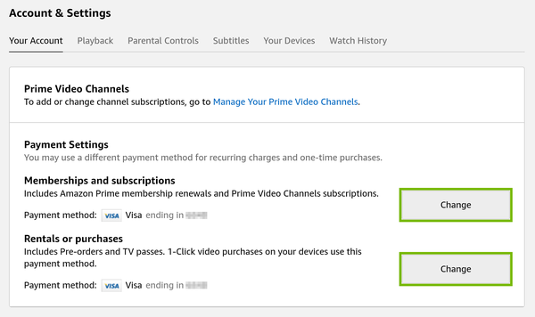 Change option highlighted for Amazon account payment methods.