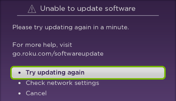 Try updating again option highlighted on Software Update Error screen.