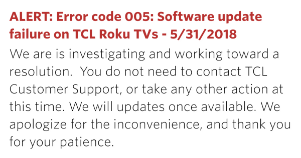 Roku issue alert on support web page.