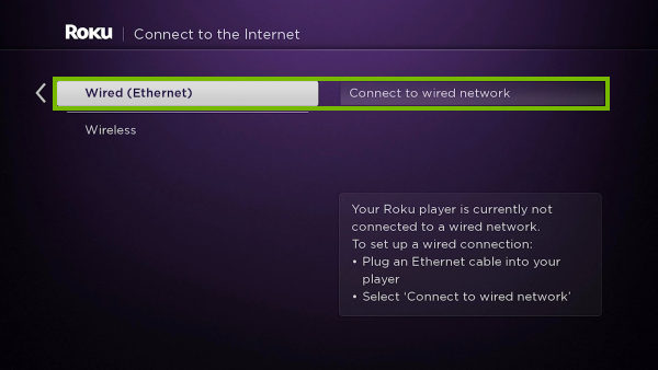 Wired setup option highlighted in Roku initial setup.