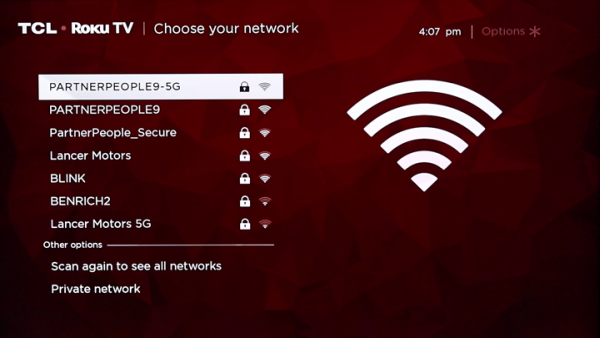Wi-Fi network selection screen.